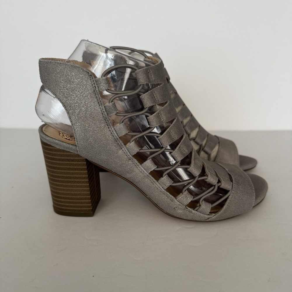 Vince Camuto Sandals Briaz Womens 8 Wide Leather Block Shootie Caged Metal Gray